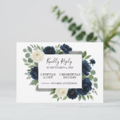 エレガントなネイビーブルーとアイボリーの花柄の結婚式 出欠カード (スタンド正面)