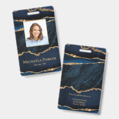 エレガントなネイビーブルーとゴールドのアゲート バッジ (表裏)