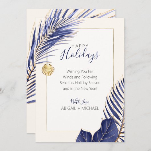 エレガントなネイビーブルーとゴールドのビーチトロピカルクリスマス シーズンカード (正面/裏面)