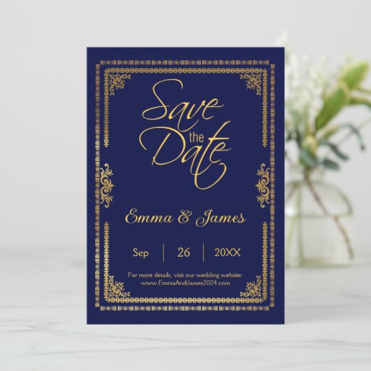 エレガントなネイビーブルーとゴールドのフレームのウェディング セーブザデート (スタンド正面)