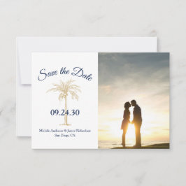 エレガントなネイビーブルーとゴールドのヤシの木の結婚式の写真 セーブザデート