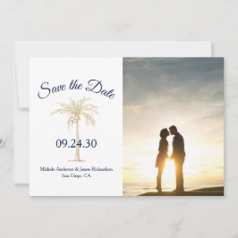 エレガントなネイビーブルーとゴールドのヤシの木の結婚式の写真 セーブザデート