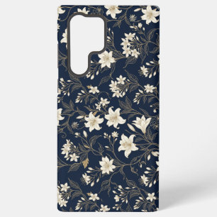 エレガントなネイビーブルーとゴールドのリリー フローラル SAMSUNG GALAXY S22 ULTRAケース