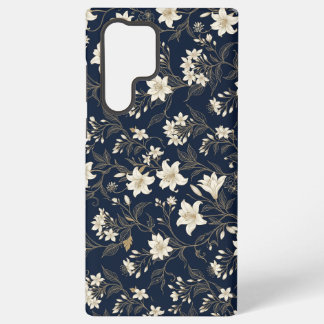 エレガントなネイビーブルーとゴールドのリリー フローラル SAMSUNG GALAXY S22 ULTRAケース