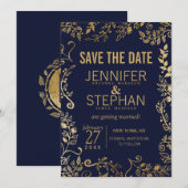 エレガントなネイビーブルーとゴールドの花柄の結婚式おめでとうカード 招待状 (正面/裏面)