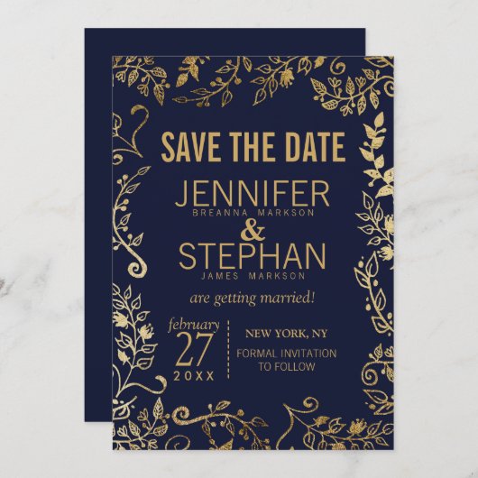 エレガントなネイビーブルーとゴールドの花柄の結婚式の招待状（Save the Date） 招待状 (正面/裏面)
