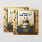 エレガントなネイビーブルーとゴールドの10歳の誕生日パーティー 招待状 (正面/裏面)