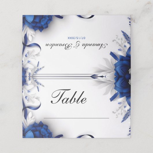 エレガントなネイビーブルーとシルバーの花のリボン ウェディング プレイスカード (外部開封)