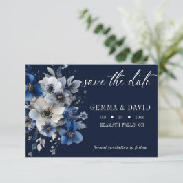 エレガントなネイビーブルーとシルバーの花の結婚式 セーブザデート