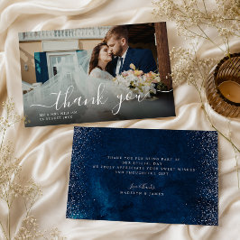 エレガントなネイビーブルーとシルバーグリッターの結婚式 サンキューカード