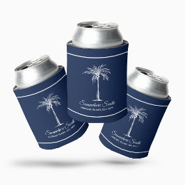エレガントなネイビーブルーとホワイトのヤシの木のカスタムデザイン 缶クーラー