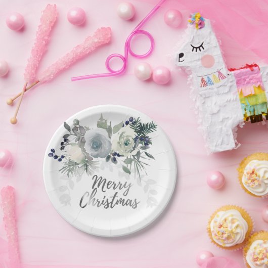 エレガントなネイビーブルーとホワイトのローズ メリークリスマス ペーパープレート (パーティー)