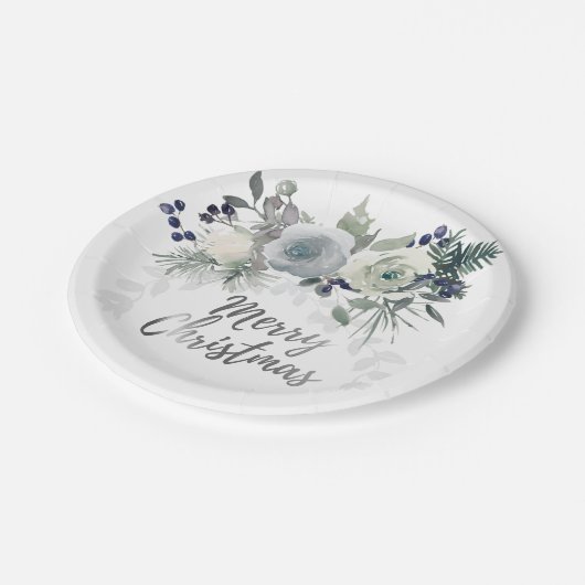 エレガントなネイビーブルーとホワイトのローズ メリークリスマス ペーパープレート (アングル)