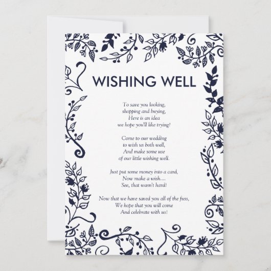 エレガントなネイビーブルーとホワイトの花の願い事の井戸 招待状 (正面)