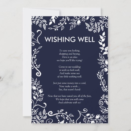 エレガントなネイビーブルーとホワイトの花の願い事の井戸 招待状 (正面)