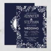 エレガントなネイビーブルーとホワイトの花柄の結婚式招待状 招待状 (正面/裏面)