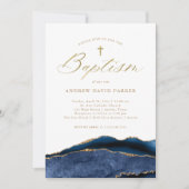 エレガントなネイビーブルーのアゲートにゴールドの十字架 | 洗礼 招待状 (正面)