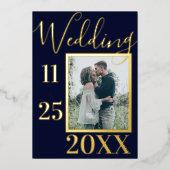 エレガントなネイビーブルーのアンカー写真結婚式ゴールド 箔招待状 (正面)