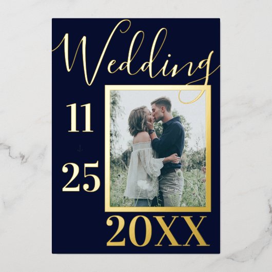 エレガントなネイビーブルーのアンカー写真結婚式ゴールド 箔招待状 (正面)