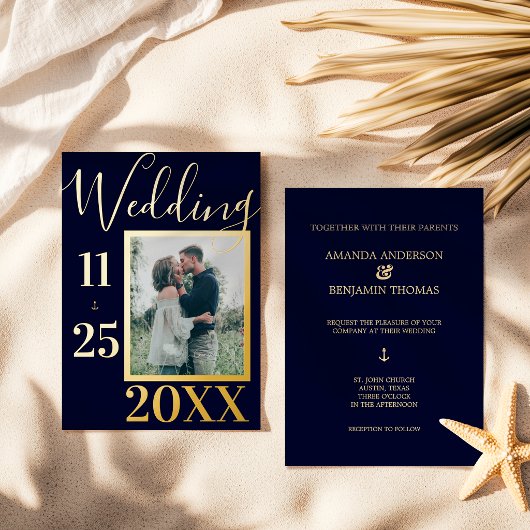 エレガントなネイビーブルーのアンカー写真結婚式ゴールド 箔招待状