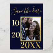 エレガントなネイビーブルーのアンカー写真Save the Date ゴールド 箔招待状 (正面)