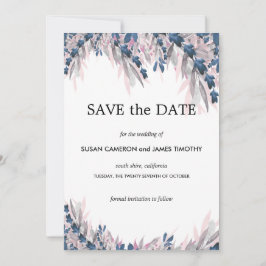 エレガントなネイビーブルーのブッシュウォーターカラーの花のSave the Date セーブザデート