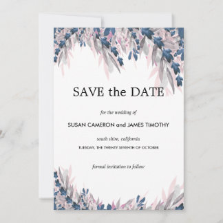 エレガントなネイビーブルーのブッシュウォーターカラーの花のSave the Date セーブザデート