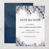 エレガントなネイビーブルーのブッシュウォーターカラーの花のSave the Date セーブザデート (正面/裏面)