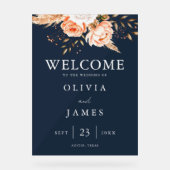 エレガントなネイビーブルーのボヘミアンチック フラワー ウェディング ウェルカム アクリルサイン (正面)