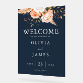 エレガントなネイビーブルーのボヘミアンチック フラワー ウェディング ウェルカム アクリルサイン (傾斜)