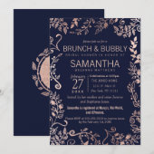 エレガントなネイビーブルーのローズゴールド フラワーブランチ バブル 招待状 (正面/裏面)
