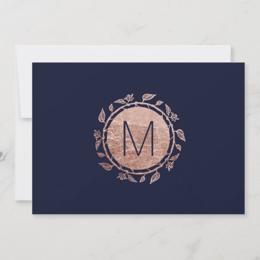 エレガントなネイビーブルーのローズゴールド フローラル セーブ・ザ・デート (裏面)