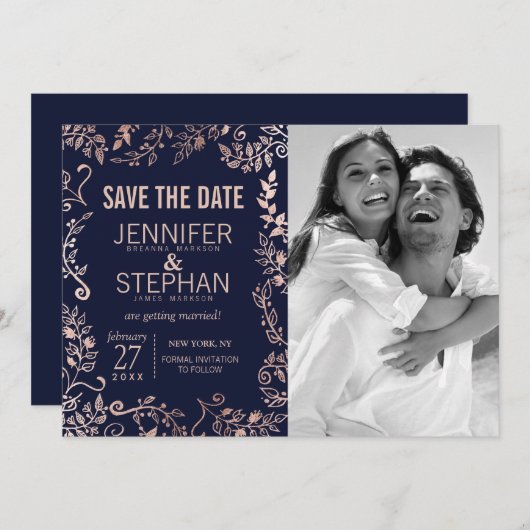 エレガントなネイビーブルーのローズゴールド フローラル セーブ・ザ・デート (正面/裏面)