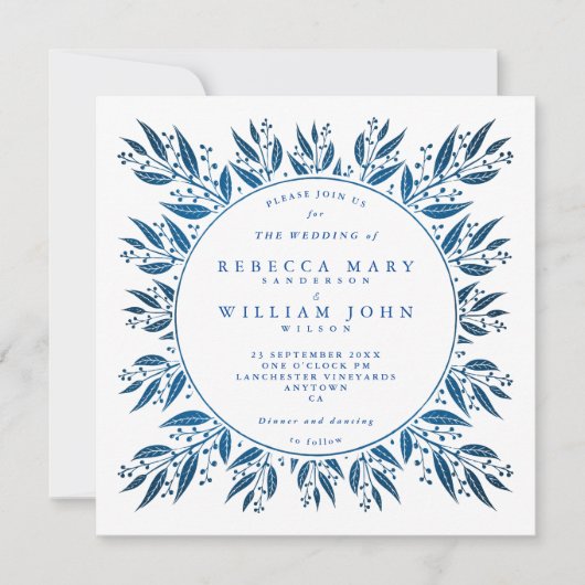 エレガントなネイビーブルーの偽の箔の緑の結婚式 招待状 (正面)