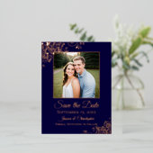 エレガントなネイビーブルーの写真付きSave the Date 箔招待状ポストカード (立ち正面)