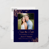 エレガントなネイビーブルーの写真付きSave the Date 箔招待状ポストカード (正面/裏面)