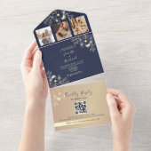 エレガントなネイビーブルーの写真QRコード結婚式 オールインワン招待状 (貼ってはがせる)
