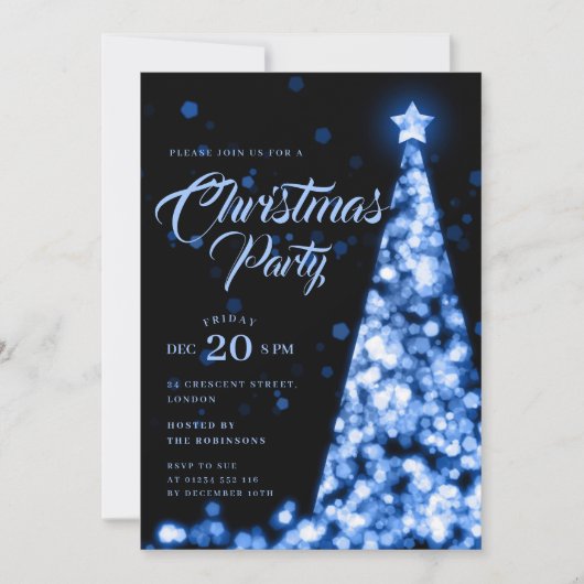 エレガントなネイビーブルーの冬のクリスマスツリー ホリデーカード 招待状 (正面)