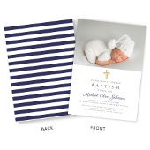 エレガントなネイビーブルーの宗教的十字架写真 洗礼 招待状