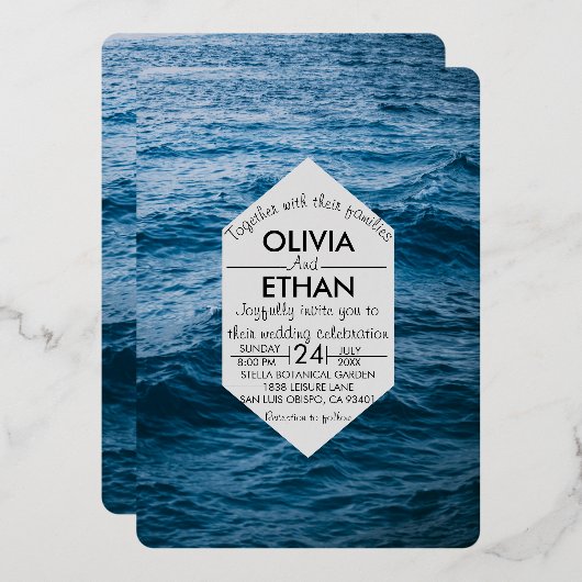 エレガントなネイビーブルーの海の波 夏の結婚式 箔招待状 (正面/裏面)