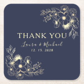 エレガントなネイビーブルーの結婚式のお礼 スクエアペーパーコースター (正面)