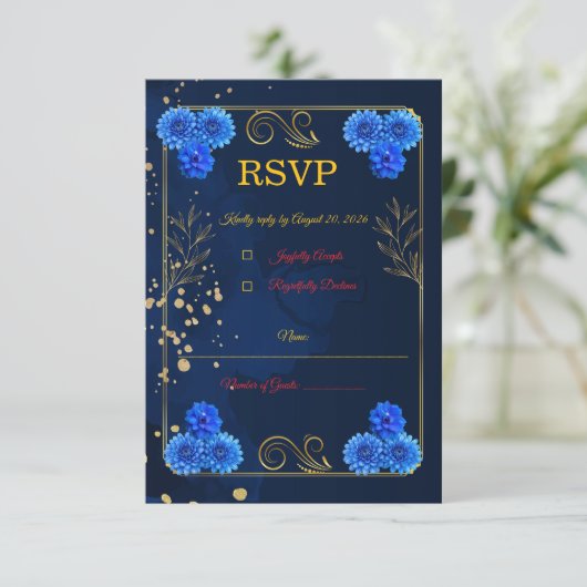 エレガントなネイビーブルーの結婚式の返信カードテンプレート 出欠カード (スタンド正面)