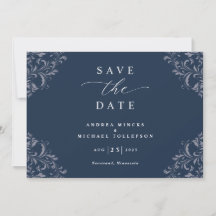 エレガントなネイビーブルーの結婚式セーブ・ザ・デートカード