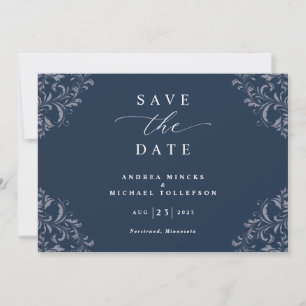 エレガントなネイビーブルーの結婚式セーブ・ザ・デートカード セーブザデート