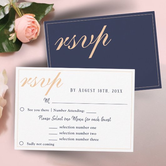 エレガントなネイビーブルーの結婚式 メニュー選択 RSVP カード