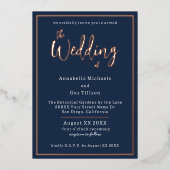 エレガントなネイビーブルーの結婚式 箔招待状 (正面)