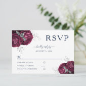 エレガントなネイビーブルーの花とボルドーの芍薬の結婚式 出欠カード (スタンド正面)
