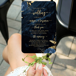 エレガントなネイビーブルーの花と瑪瑙の結婚式プログラム ハンドファン