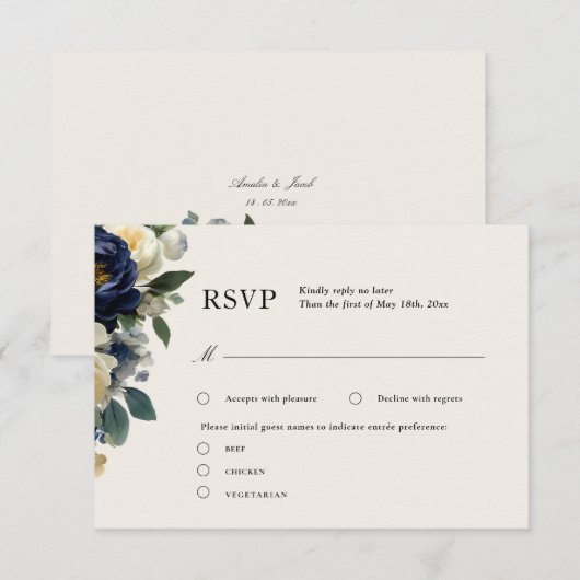 エレガントなネイビーブルーの花と白の芍薬の結婚式RSVP エンクロージャーカード (正面/裏面)
