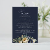 エレガントなネイビーブルーの花と芍薬の結婚式ディテール エンクロージャーカード (スタンド正面)